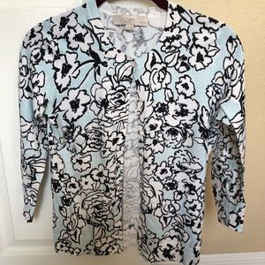 LOFT xxsp blue, black and white floral cardigan